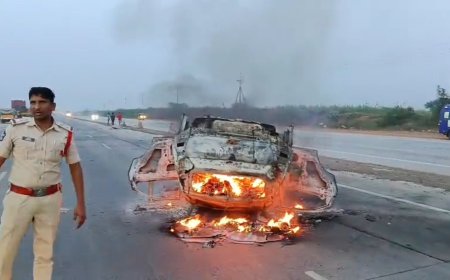 జాతీయరహదారిపై కారు బోల్తా..పలువురికి గాయాలు..కారు దగ్ధం